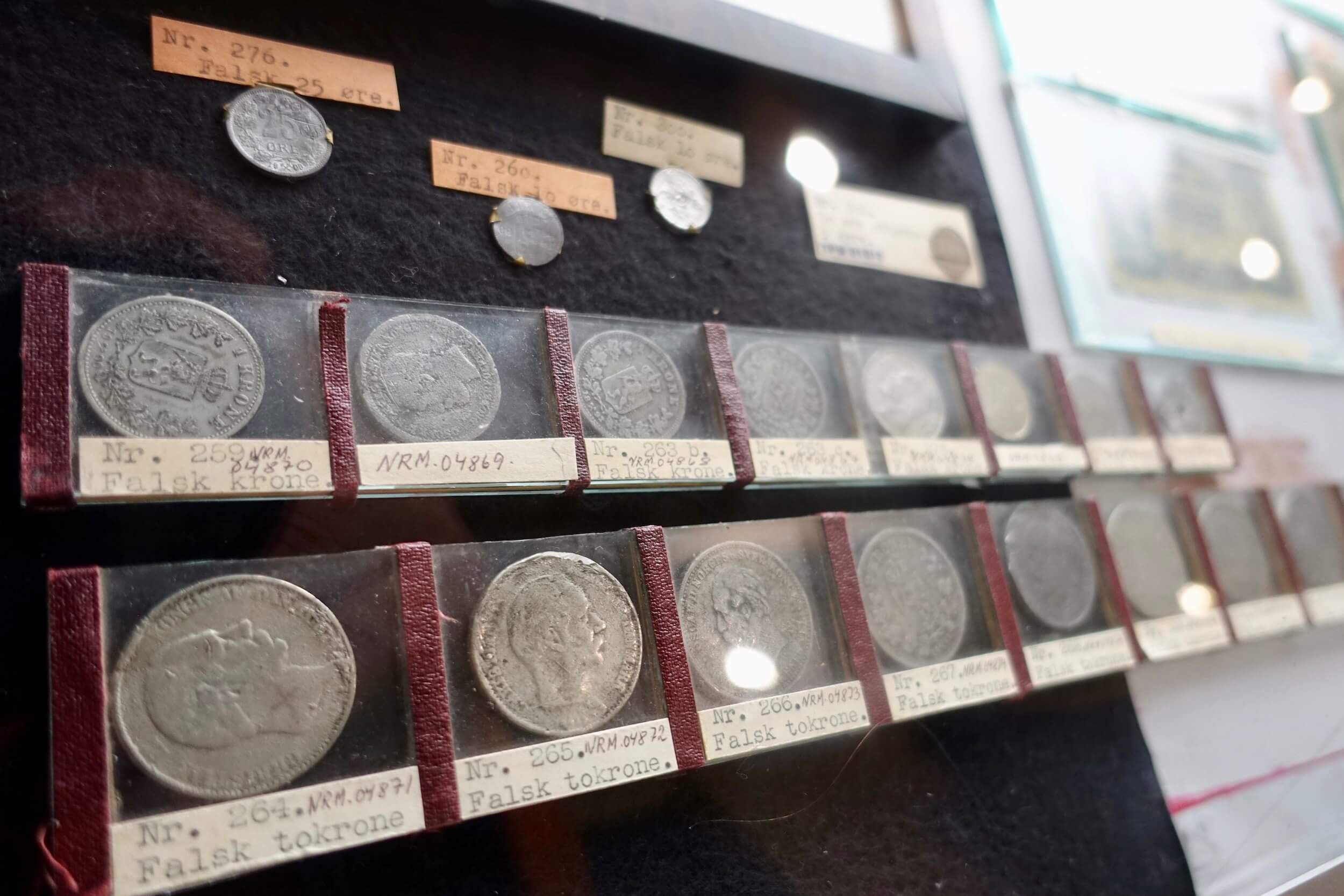 Examples of counterfeit coins in the Norwegian National Museum of Justice, Trondheim