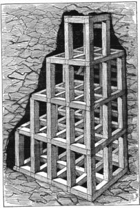 Square set timbering as used in the Comstock mines, 1877 illustration.