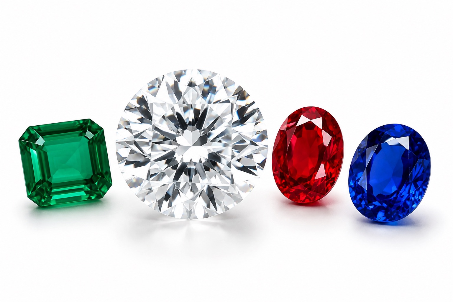 An emerald, a round brilliant diamond, a ruby and a sapphire